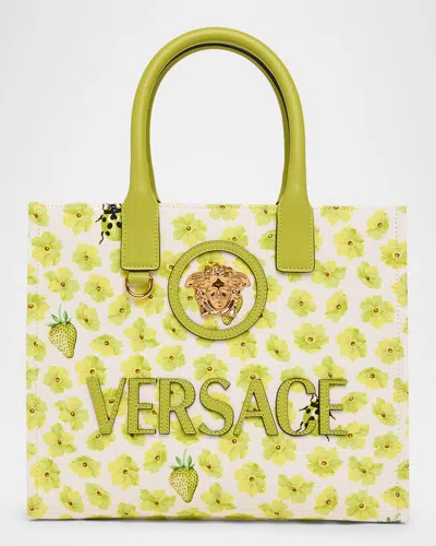 Versace La Medusa Small Flower Insect Canvas Tote Bag In Citron Multicolor