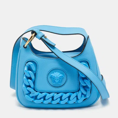 Pre-owned Versace La Medusa Small Light Blue Leather Chain Hobo