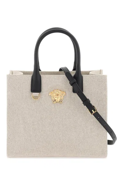 Versace Canvas La Medusa Small Tote Bag In Rope Black  Gold (beige)