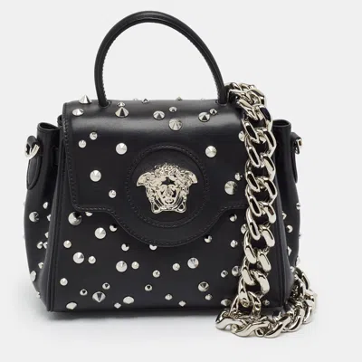 Pre-owned Versace La Medusa Studded Black Leather Top Handle Bag
