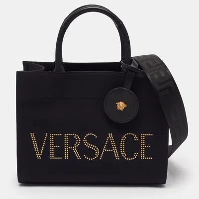 Pre-owned Versace La Medusa Studded Small Black Canvas Tote