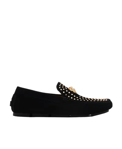 Versace La Medusa Studded Suede Loafer In Black