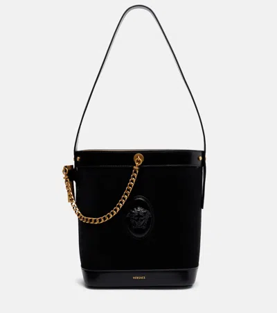 Versace La Medusa Suede Shoulder Bag In Black