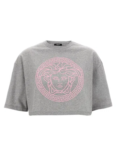 Versace Medusa Crop Cotton Graphic T-shirt In Grey
