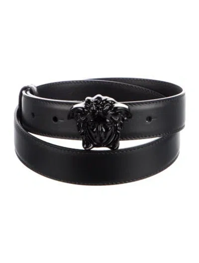 Pre-owned Versace La Medusa Thin Leather Waist Belt In Black