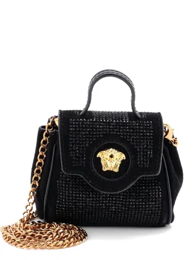 Pre-owned Versace La Medusa Top Handle Bag Crystal Embellished Suede Micro Crossbody Bag In Black
