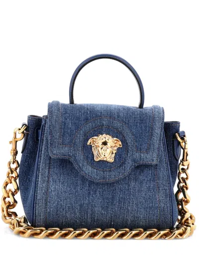 Pre-owned Versace La Medusa Top Handle Bag Denim Small Shoulder Bag In Blue
