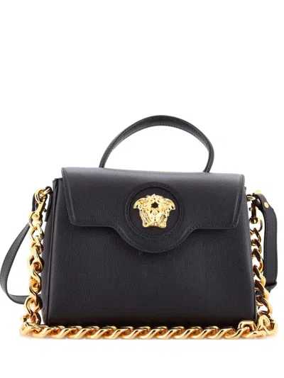 Pre-owned Versace La Medusa Top Handle Bag Leather Medium Satchel In Black
