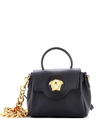 Pre-owned Versace La Medusa Top Handle Bag Leather Small Satchel In Black