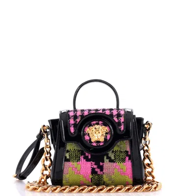 Versace La Medusa Top Handle Bag Tweed With Patent Small In Multi