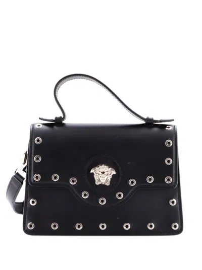 Pre-owned Versace La Medusa Top Handle Leather With Eyelet Detail Small Satchel In Black