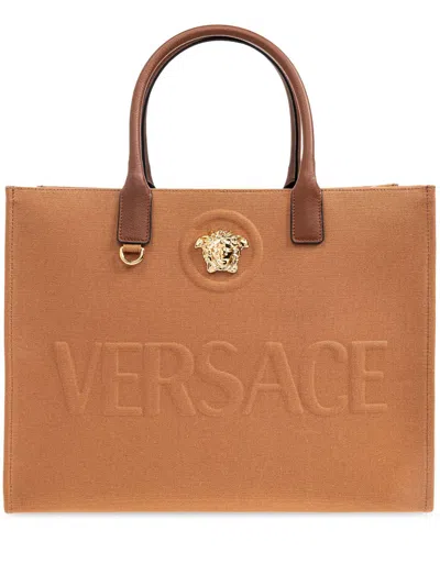 Versace La Medusa Tote Bag In Brown