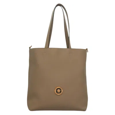 Pre-owned Versace La Medusa Tote Embossed Canvas Leather Bag () In Sand