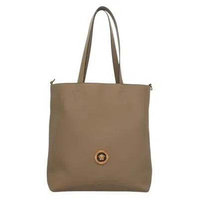 Pre-owned Versace La Medusa Tote Embossed Canvas Leather Bag () In Sand
