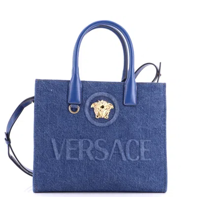 Versace La Medusa Tote Embossed Denim Small In Blue
