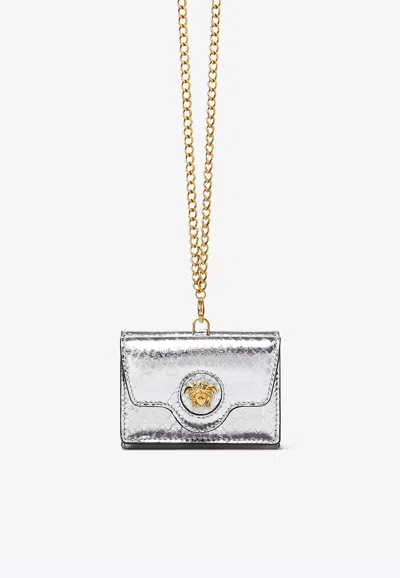 Versace La Medusa Trifold Chain Wallet In Python-embossed Leather In Silver