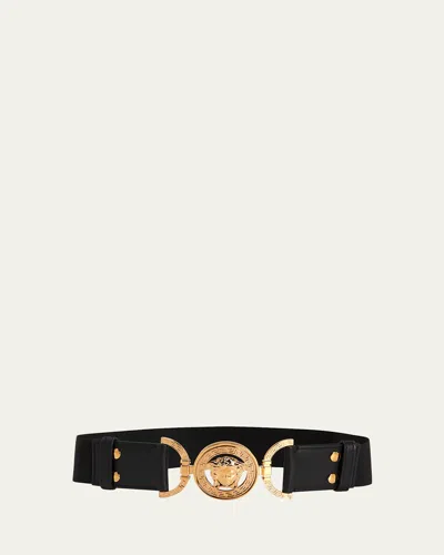 Versace La Medusa Wide Leather Belt In Black  Gold