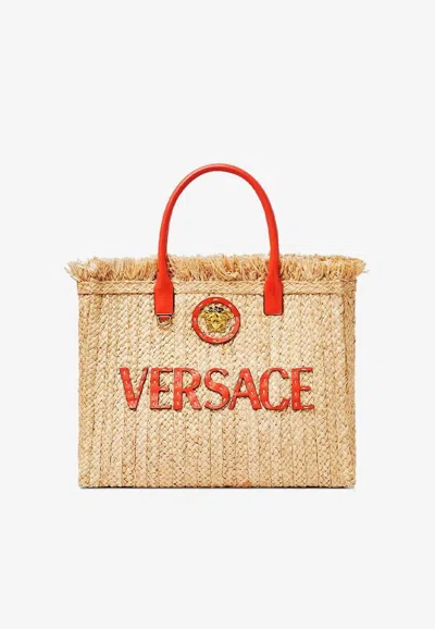 Versace La Medusa Woven Raffia Tote Bag In Natural | ModeSens