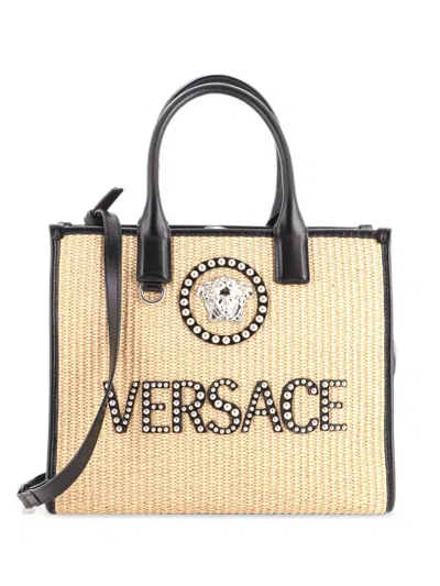 Pre-owned Versace La Vacanza Medusa Logo Raffia Small Tote Bag In Neutrals