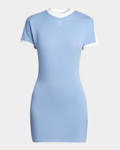 Versace La Vacanza Medusa Logo Stretch Cotton T-shirt Dress In Blue