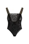 Versace Geometric Border Lace Bodysuit In Black