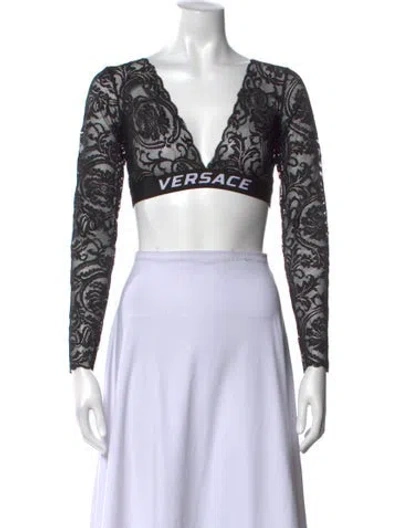 Pre-owned Versace Lace Lace Pattern Crop Top W/ Tags In Black