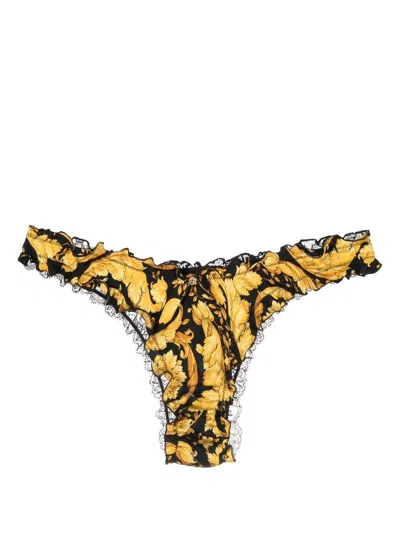 Versace Lace-panel Silk Thong In Yellow