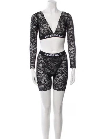 Pre-owned Versace Lace Pattern Lace Trim Embellishment Lounge Set W/ Tags In Black