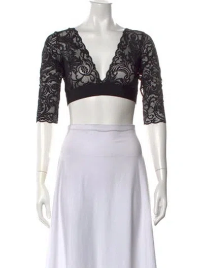 Pre-owned Versace Lace Pattern V-neck Crop Top In Black
