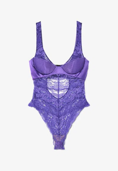 Versace Lace Sleeveless Bodysuit In Purple