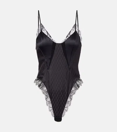 Versace Lace-trimmed Silk-blend Satin Bodysuit In Black