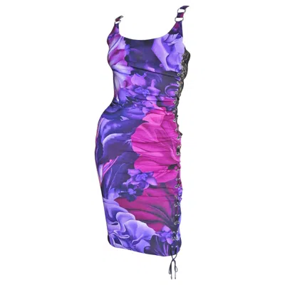 Pre-owned Versace Lace Up Silk Dress In Purple