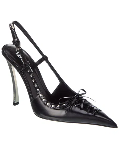 Versace Laced Pin-point Leather Slingback Pump In Black
