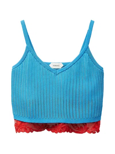 Versace Rippstrick-tanktop Aus Viskose-mix Mit Spitzenbesatz In Blue
