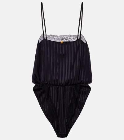 Versace Lace-trimmed Silk-blend Jacquard Bodysuit In Black