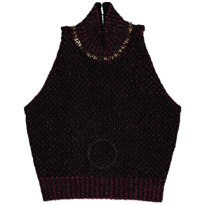 Versace Ladies Black / Multi Tweed Turtleneck Cropped Wool-blend Top