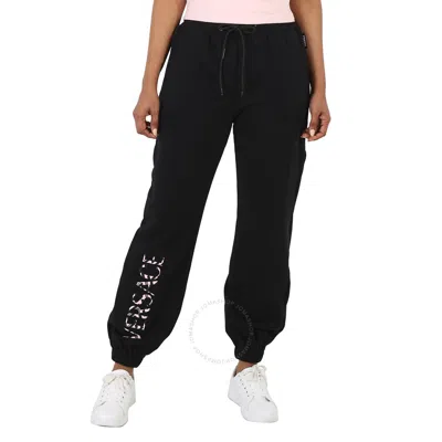Versace Ladies Logo Embroidered Cotton-blend Sweatpants In Black