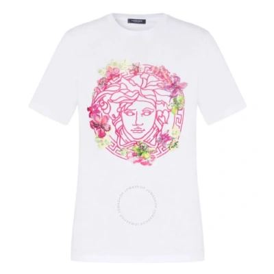 Versace Ladies Optical White Medusa Embroidered Crewneck T-shirt