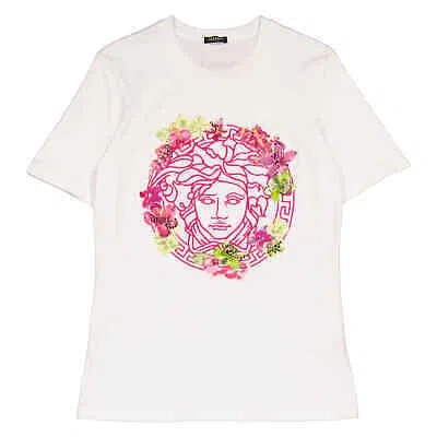 Pre-owned Versace Ladies Optical White Medusa Embroidered Crewneck T-shirt, Brand Size 36