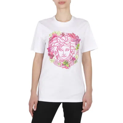 VERSACE LADIES OPTICAL WHITE MEDUSA EMBROIDERED CREWNECK T-SHIRT, BRAND SIZE 36 (US SIZE 0)