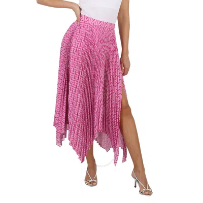 Versace Ladies Pink/fuxia La Greca Pleated Midi Skirt