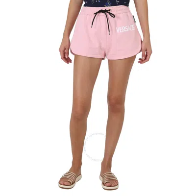 Versace Ladies Rose Logo Print Sweat Shorts In Pink