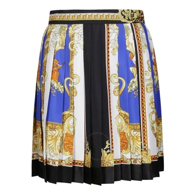 Versace Ladies Royal Blue / Oro Renaissance Printed Pleated Skirt In Royal Blue/oro