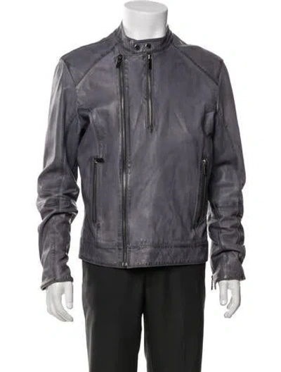 Pre-owned Versace Lamb Leather Moto Jacket In Blue