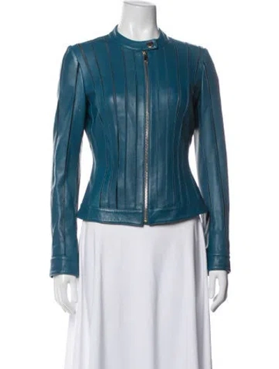 Pre-owned Versace Lambskin Biker Jacket In Blue