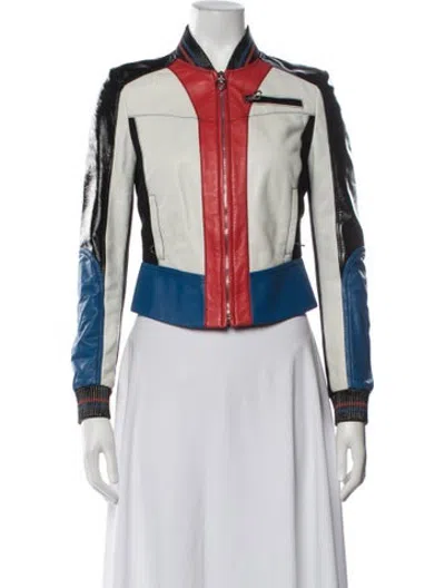 Pre-owned Versace Lambskin Colorblock Pattern Bomber Jacket In Black/blue/red