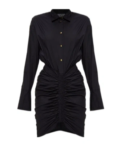Versace Lapel Long-sleeved Dress In Black
