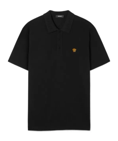 Versace Lapel Short Sleeve Polo Shirt In Black