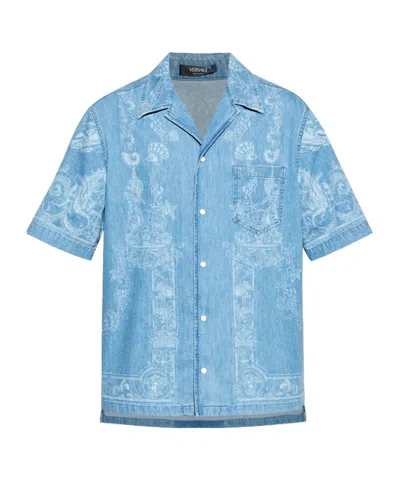 Versace Laser Denim Holiday Print Shirt In Blue