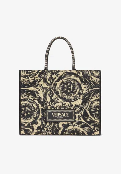 Versace Large Barocco Athena Raffia Tote Bag In Black